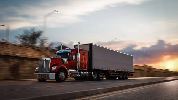 A truck on the highway at sunset
